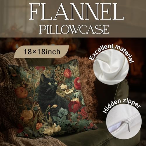 William Morris Inspired Vintage Black Cat Floral Pillow Cover - 18x18