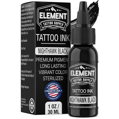 Element Tattoo Supply Nighthawk Black Tattoo Ink 1oz | Professional Ultra Dark High Pigment Lining Packing Shading Bold Lines Deep Healed Results Made in USA
