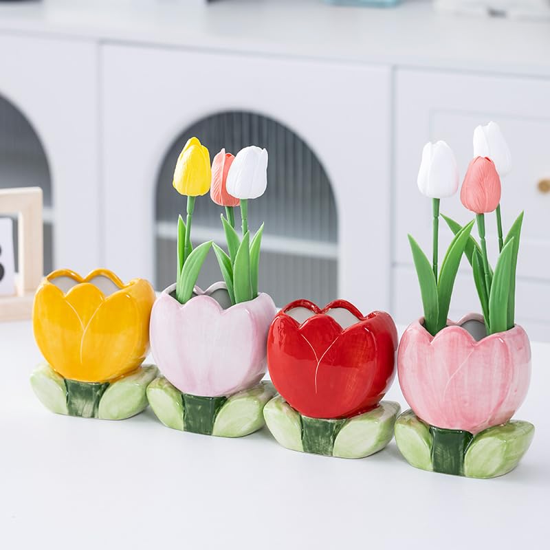 TANG SONG Pink Ceramic Tulip Makeup Brush Holder & Organizer