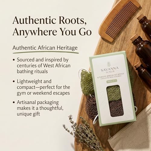 Savanna Scrub Authentic African Net Sponge - Brown & Green Exfoliating Back Scrubber, 2 Pieces