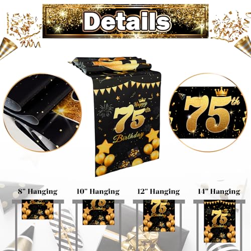 Happy 75th Birthday Table Runner - Black & Gold 72 Inch Linen