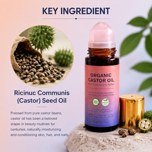 Organic Castor Oil Roll-On with Rose Quartz Roller - 100% Pure for Hair, Skin & Nails