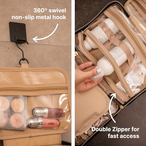 Carrywell Medium Black Toiletry Bag with Hanging Hook - Water-Resistant Makeup Organizer