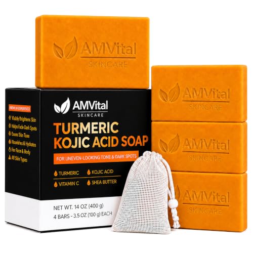 AMVital Turmeric Kojic Acid Soap Bars - 3.5 oz, 4-Pack for Face & Body