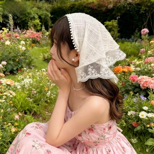 3 Pcs Lace Triangle Headscarf Set - White, Blue & Black Hair Accessories