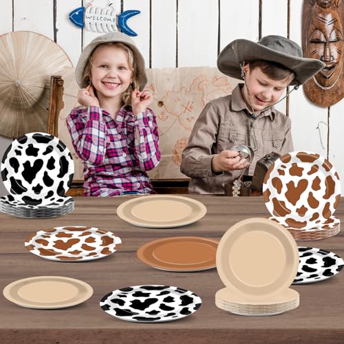 48-Piece Western Cowboy Party Plates - 7-Inch Disposable Cow Print