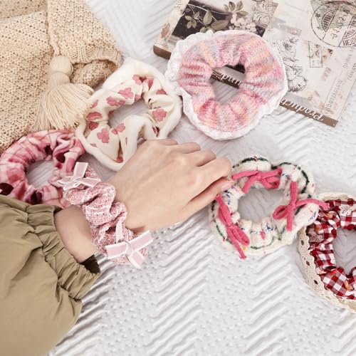 Pink Velvet Elastic Hair Ties 6-Pack for Women - Gentle Scrunchies