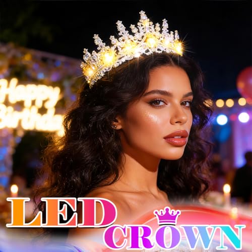 Urieo Light-Up Crystal Queen Crown LED Tiara for Prom and Bridal Parties