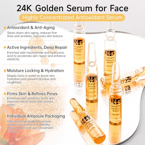 24K Gold Serum Ampoule for Face Anti-Aging Hydrating Collagen Boost - 3 Pack