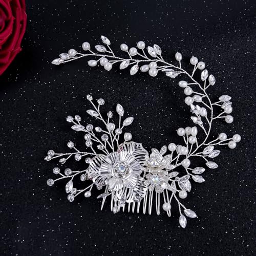WEZTEZ Silver Bridal Hair Comb with Pearl Flower Vine - Wedding Hair Accessories for Bridesmaid (Variation 2)