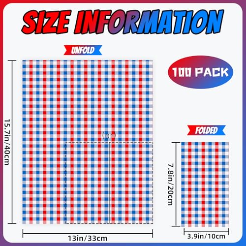 100 Disposable 4th of July Gingham Napkins - Patriotic Red, White & Blue