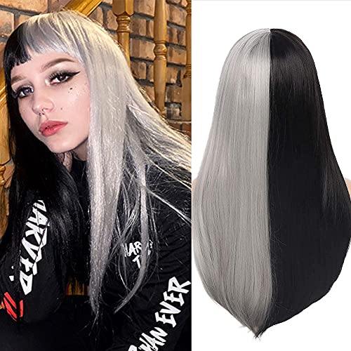 Long Straight Synthetic Wig with Bangs - Two-Tone Grey and Black