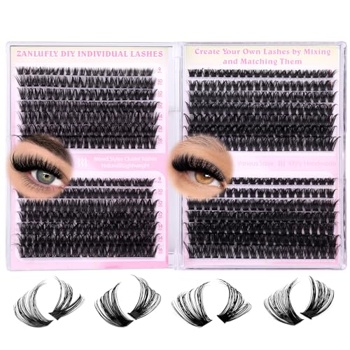 Zanlufly 560 Pcs Lash Clusters D-Curly Volume Eyelash Extensions DIY Natural & Thick