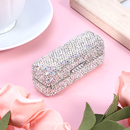 Silver Rhinestone Lipstick Case with Mirror, Bling Crystal Makeup Storage