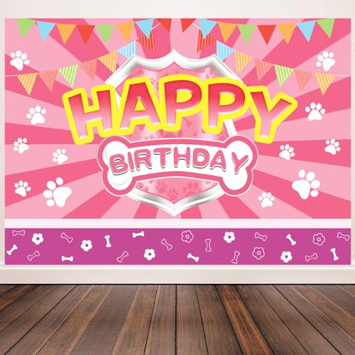 Happy Birthday Banner with Pink Paw Prints - 59x43 Inches