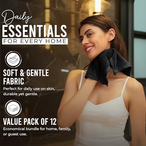 RIVERSIDE Black Washcloths Pack of 12 | 12x12 Inches | 100% Cotton Soft & Absorbent Towels