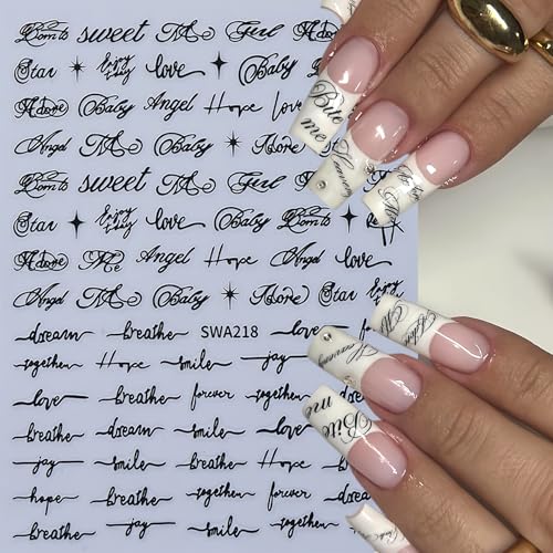 Sxidrosck English Letter Nail Stickers 6 Sheets 3D Self-Adhesive Black Red Cursive Word Design for Nail Art DIY