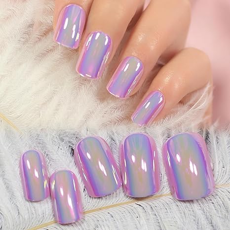 Purple Metallic Mirror Press On Nails - 24 Pcs Reusable False Nails