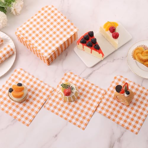 100 Pcs Orange Gingham Disposable Napkins - 6.5 Inch Scalloped Paper for Parties