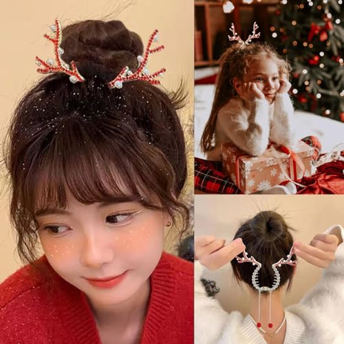 Reindeer Christmas Hair Clips 2Pcs, Ponytail & Bun Holders, Rhinestone Pearl Design