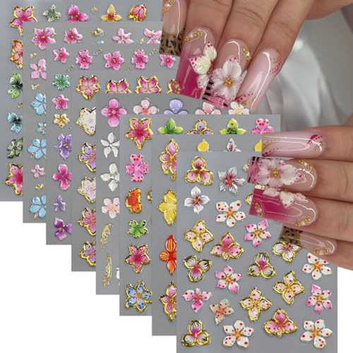 5D Hibiscus Flower Nail Stickers - 8 Sheets Tropical Nail Art