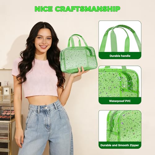 Junesters Green Star Pattern Large Clear Makeup Bag 12x5x8