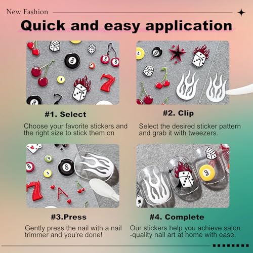 SKYCLOUD Self-Adhesive 3D Nail Stickers - Pool Balls & Dice Design, Lucky 7, Casino Theme, 3 Sheets - Nails Sticker-zh513