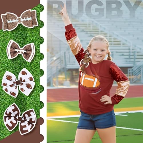 Suncalla 8-Piece Football Bow Hair Clips for Girls - Glitter Game Day Hair Accessories