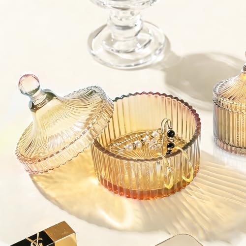 Amber Glass Jewelry Jar with Lid - Decorative Storage Dish