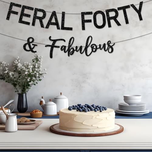 Feral Forty & Fabulous Birthday Banner - Black Glitter Party Decor