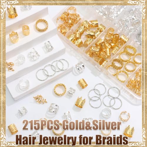 NAISKA 215PCS Gold & Silver Hair Cuffs for Braids - 10 Styles Hair Jewelry Set