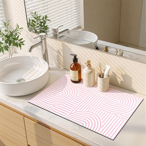 Findosom 12" x 20" Super Absorbent Dish Drying Mat - Pink & White Geometric
