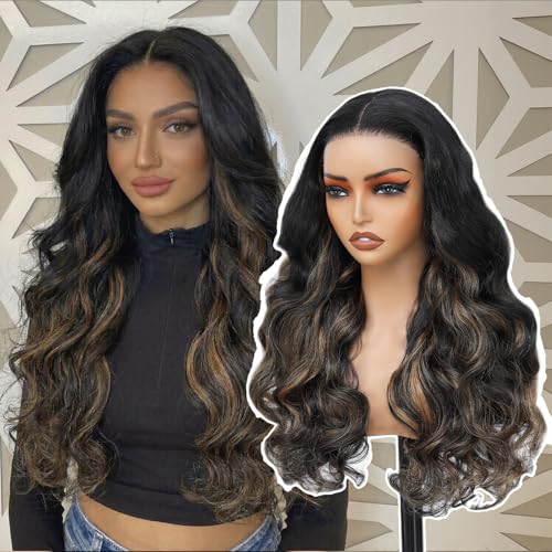 28 Inch Honey Blonde Highlights Black Roots Lace Front Wig - Walsdi 5x5 HD Synthetic Body Wave, Pre-Cut & Glueless, Easy Install for Beginners
