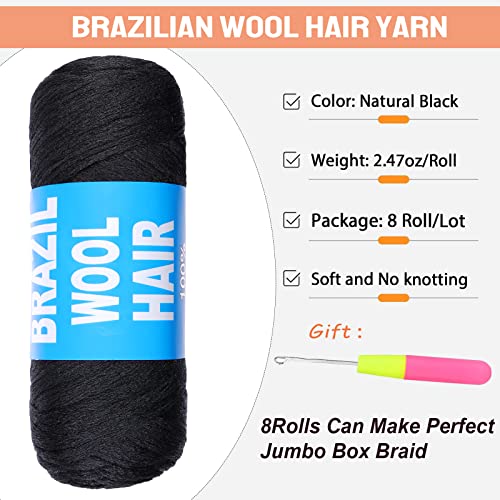 8 Pcs Brazilian Wool Braiding Hair #1B - Soft & Lightweight Yarn for Faux Locs, Twists & Dreadlocks