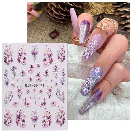 JMEOWIO 3D Floral Nail Art Stickers - Self-Adhesive Decals, 4 Sheets
