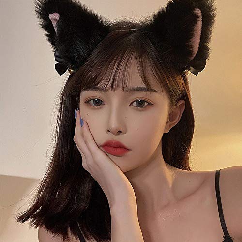 Evermarket Faux Furry Cat Ears Hair Clip with Bell - Cosplay Headband, Black-Inner Red