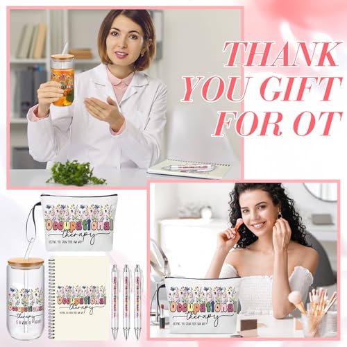 Flower Occupational Therapy Gift Set for Therapists - 6 Pcs with Makeup Bag, Glass Cup, Notebook & Pens