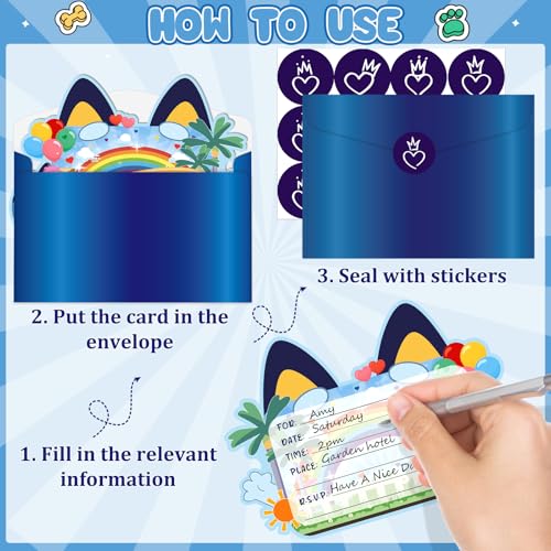 Blue Dog Birthday Invitations - 20 Cartoon Cards with Envelopes & Stickers