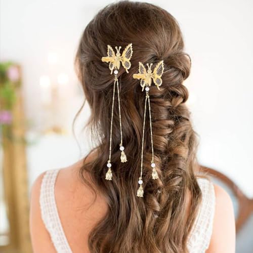 Gold Butterfly Hair Clips with Tassels for Women & Girls - Set of 2