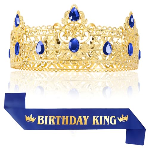 Gold-Blue Birthday King Crown Headband Accessories Set
