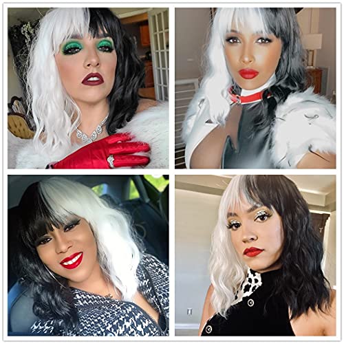 Mersi Black White Short Wavy Bob Wig 13 Inch for Cosplay Halloween Costume Women S046BW1
