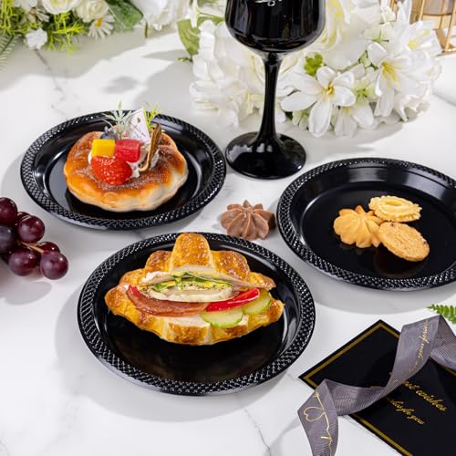 WELLIFE 7 Inch Black Plastic Plates - 50 Count Disposable Dinner Plates