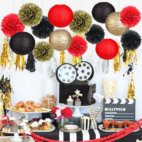 Red and Black Paper Lanterns & Pom Poms - 15 Piece Party Decor Set