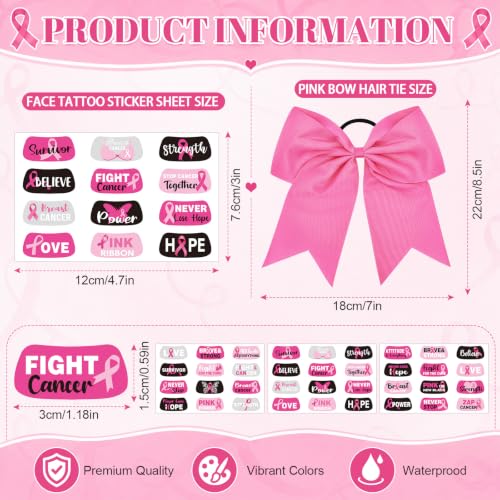 Tisancy 8" Large Pink Cheer Hair Bows & 15 Breast Cancer Tattoos