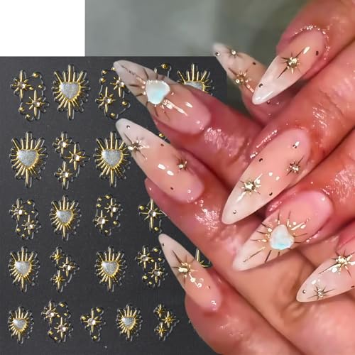 3 Sheets Gold Star Nail Stickers with Rhinestones - 5D Aurora Design