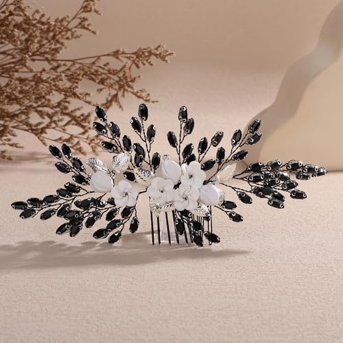 Black Rhinestone Wedding Hair Comb with White Flower Bridal Headpiece
