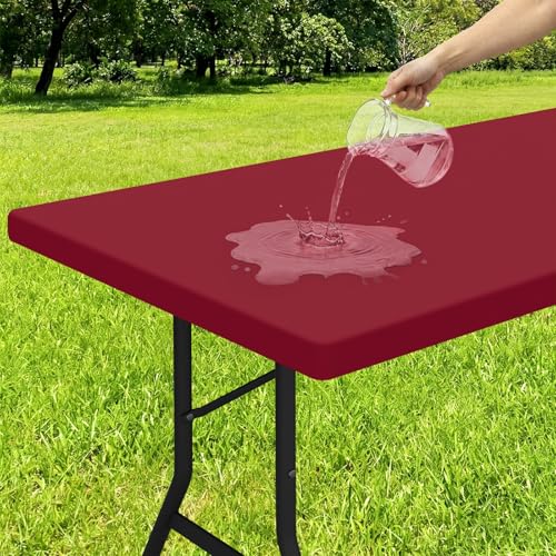 Smiry Elastic Fitted Vinyl Tablecloth for 6ft Folding Tables - Waterproof & Wipeable (Wine Red, 30"x72")
