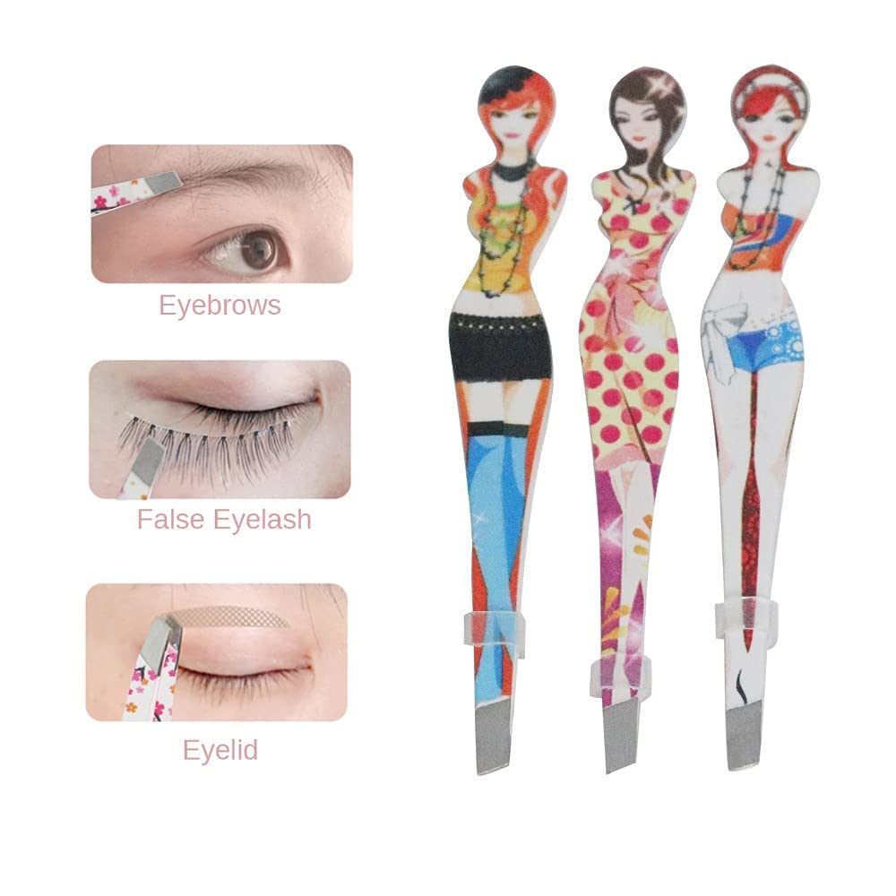 Eyebrow Tweezers Pinkiou Professional Slant tip Brow Clip Hair Removal Makeup Tool with Printed Beauty Cover Cosmetic 6 style pack of 6 pcs (Bikini)