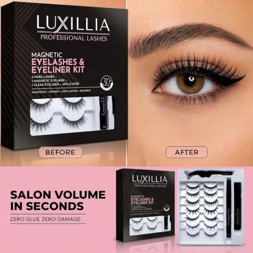 Luxillia Magnetic False Eyelashes & Applicator Kit - 7 Pairs with Clear Magnetic Liner