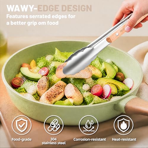 Stainless Steel Kitchen Tongs Set with Oak Wood Handle - 9" & 12"